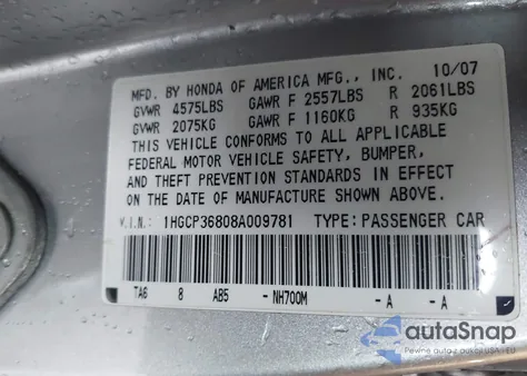 2008 Honda Accord 3.5 Ex-L z USA, uszkodzony, nr VIN 1HGCP36808A009781